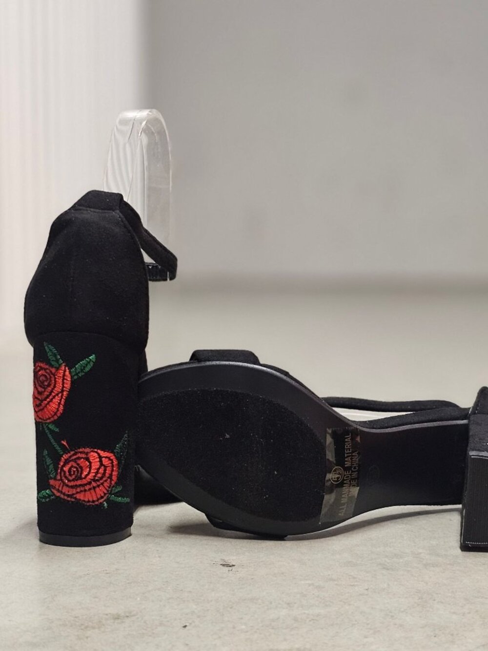 Black Faux Suede Block Heel Sandals With Rose Embroidery & Ankle Strap - Picture 9 of 13